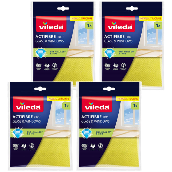 Vileda Actifibre Pro-Tuch für Glas und Fenster, maschinenwaschbar, PVA-Beschichtung, streifen- und tropfenfrei, reinigt nur mit Wasser, 183298, 4 Stück