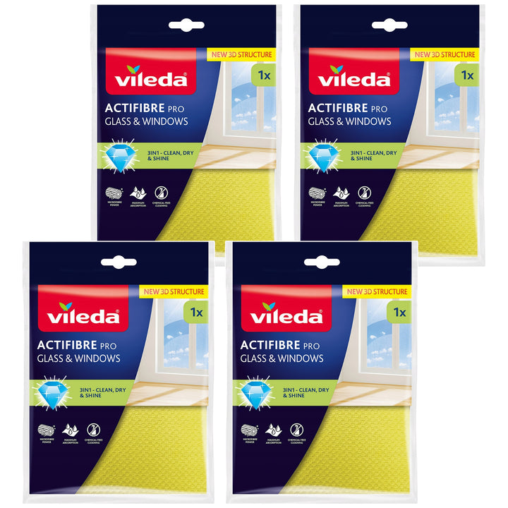 Vileda Actifibre Pro-Tuch für Glas und Fenster, maschinenwaschbar, PVA-Beschichtung, streifen- und tropfenfrei, reinigt nur mit Wasser, 183298, 4 Stück