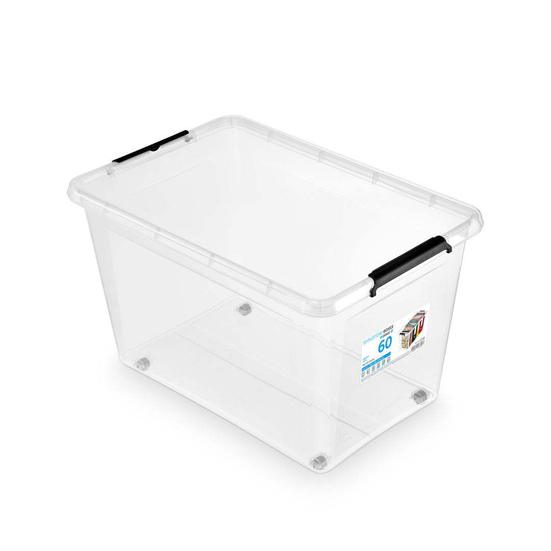 Moxom SimpleStore-Behälter, Fassungsvermögen 60 l, transparent, Deckel mit Clipverschluss, mit Rollen, BPA-frei, 04-0081, 3 Stück