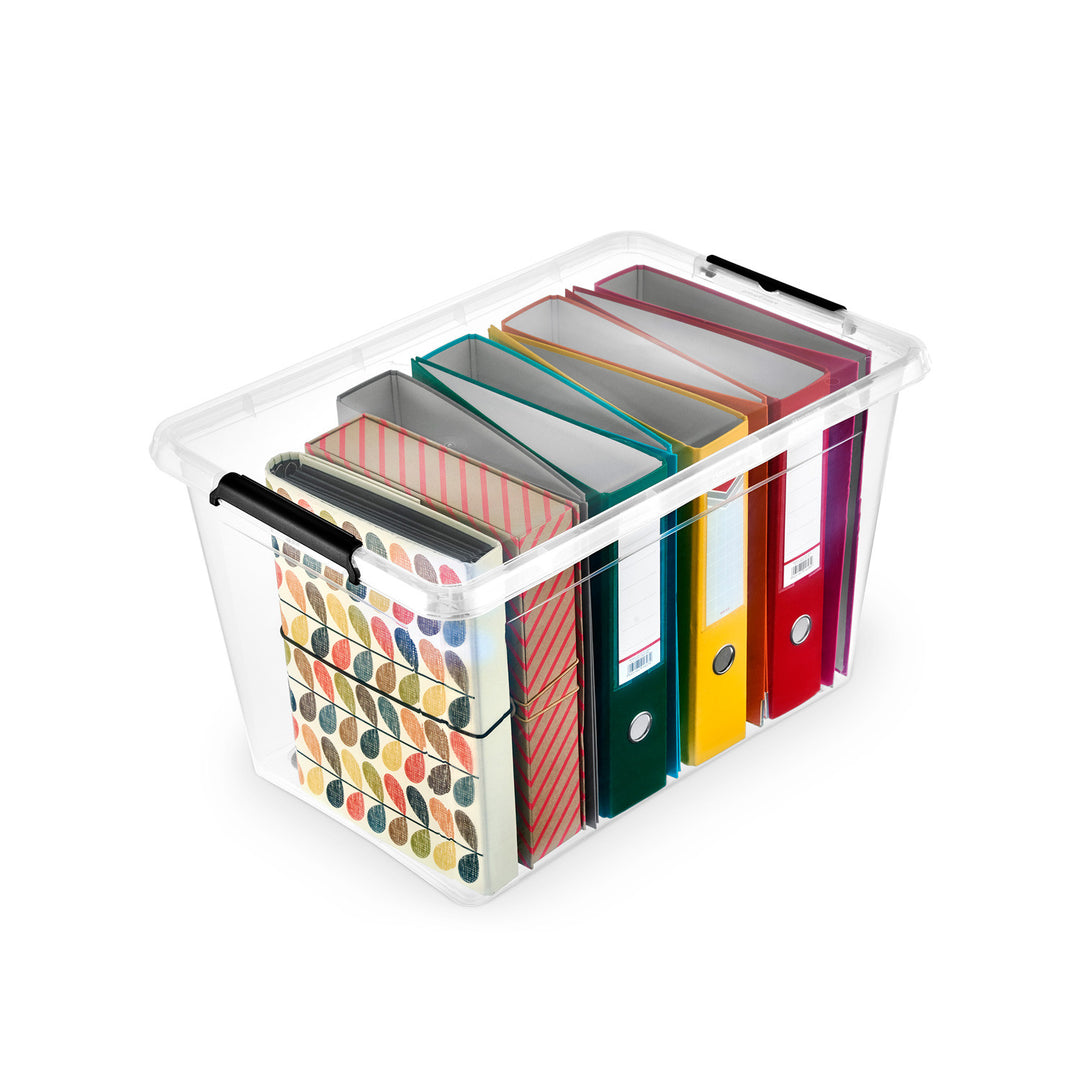 Moxom SimpleStore-Behälter, Fassungsvermögen 60 l, transparent, Deckel mit Clipverschluss, mit Rollen, BPA-frei, 04-0081, 3 Stück