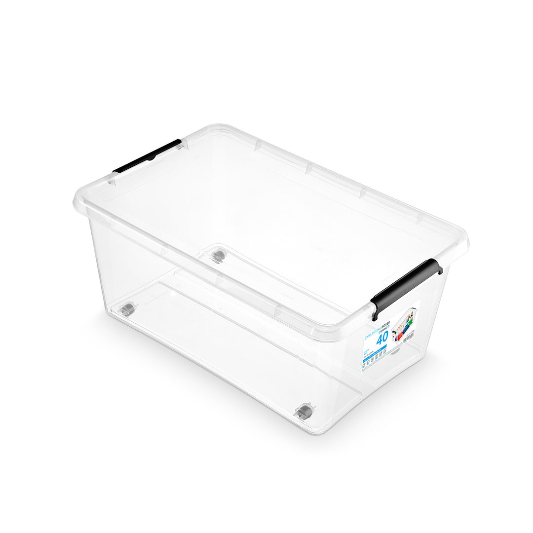 Moxom SimpleStore-Behälter, Fassungsvermögen 40 l, transparent, Deckel mit Clipverschluss, mit Rollen, BPA-frei, 04-0076, 3 Stück
