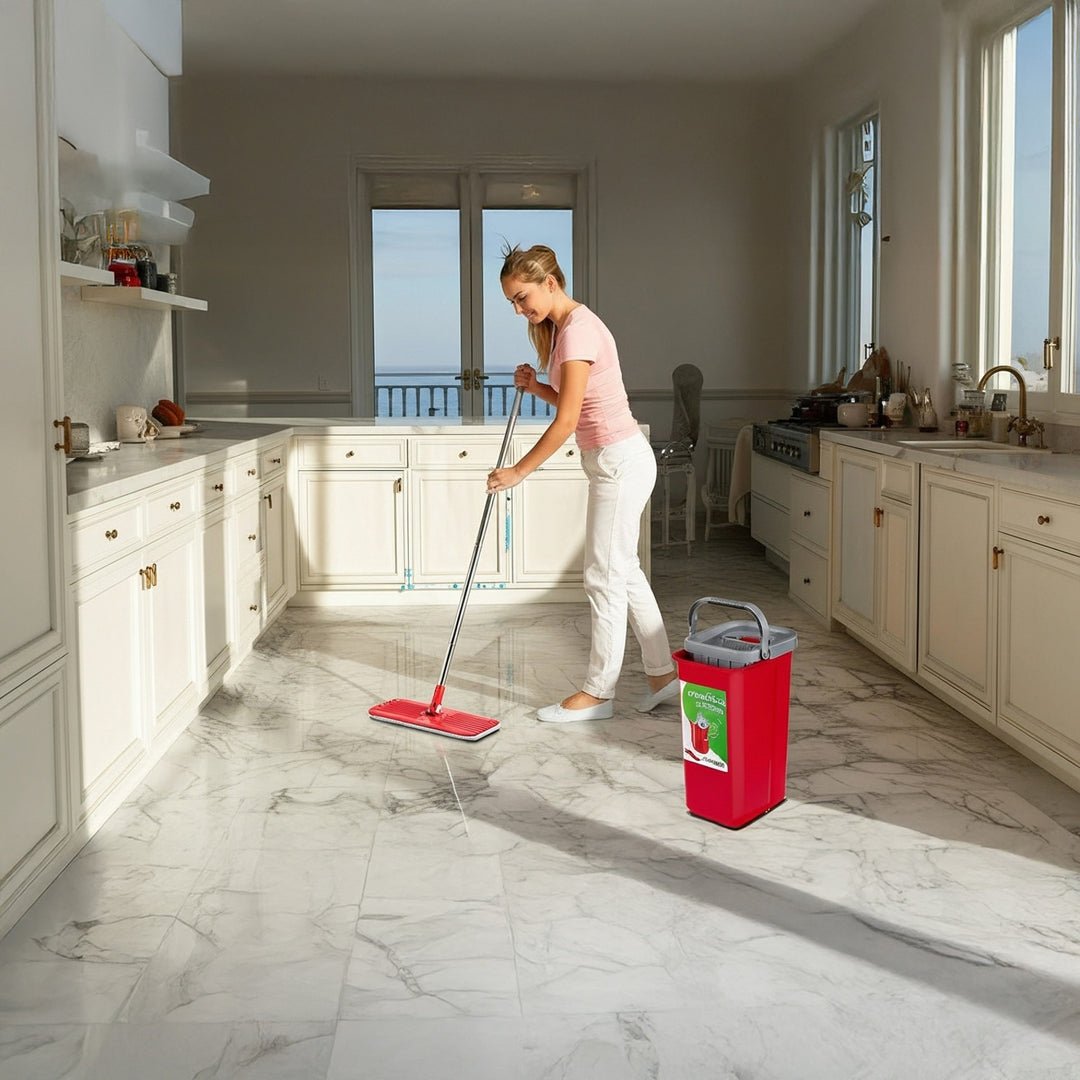 GreenBlue-Flachmopp mit Eimer und Auswringvorrichtung, zwei HQ-Mikrofaser-Einlagen, Fassungsvermögen 5,7 l, MaxiClean GB870 + Vileda Actifibre Soft-Tuch