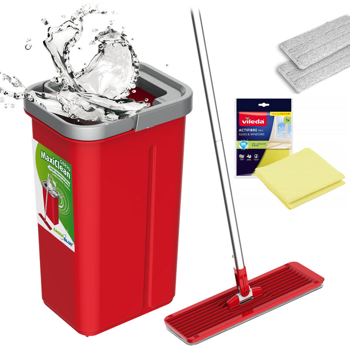 GreenBlue-Flachmopp mit Eimer und Auswringvorrichtung, zwei HQ-Mikrofaser-Einlagen, Fassungsvermögen 5,7 l, MaxiClean GB870 + Vileda Actifibre Pro-Tuch
