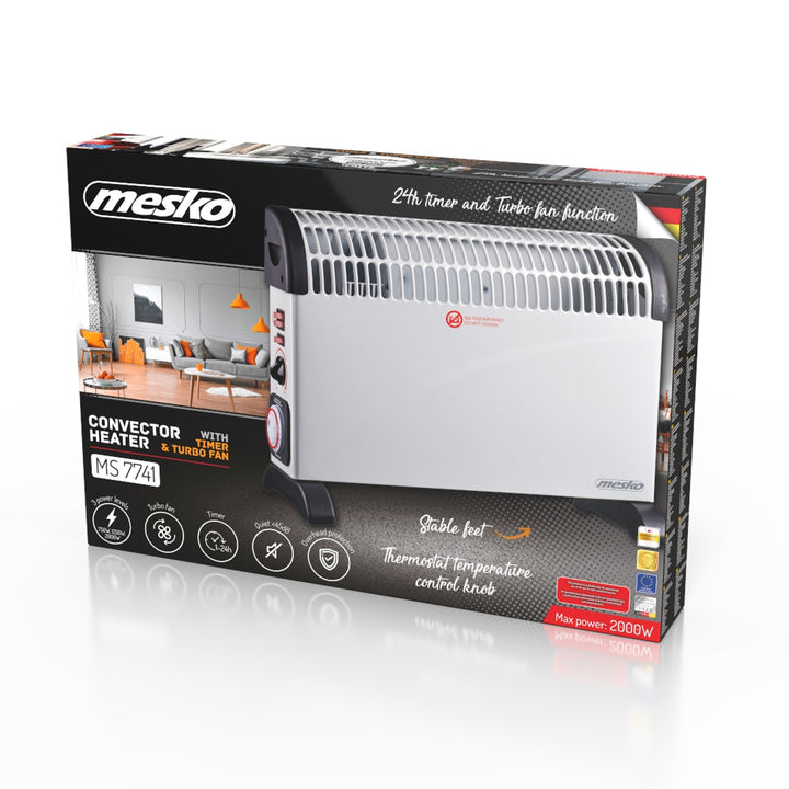 Konvektorheizung, elektrisch, mit Thermostat, 2000 W, 24-Stunden-Timer, weiß, Kabel 150 cm, Mesko, MS 7741W