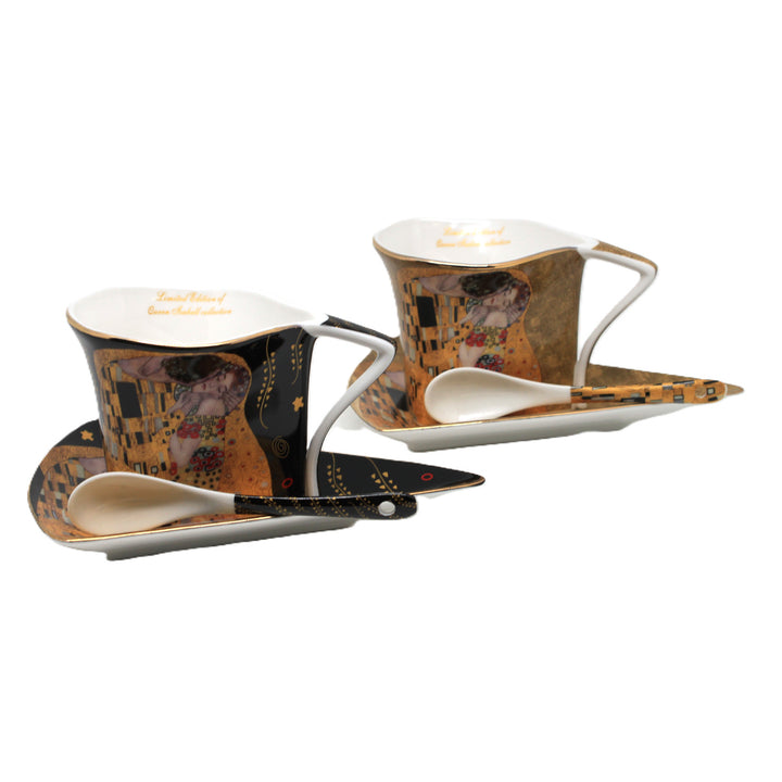 Porzellantassen „Klimt – Der Kuss“, 2 x 180 ml, mit Löffeln, Queen Isabell