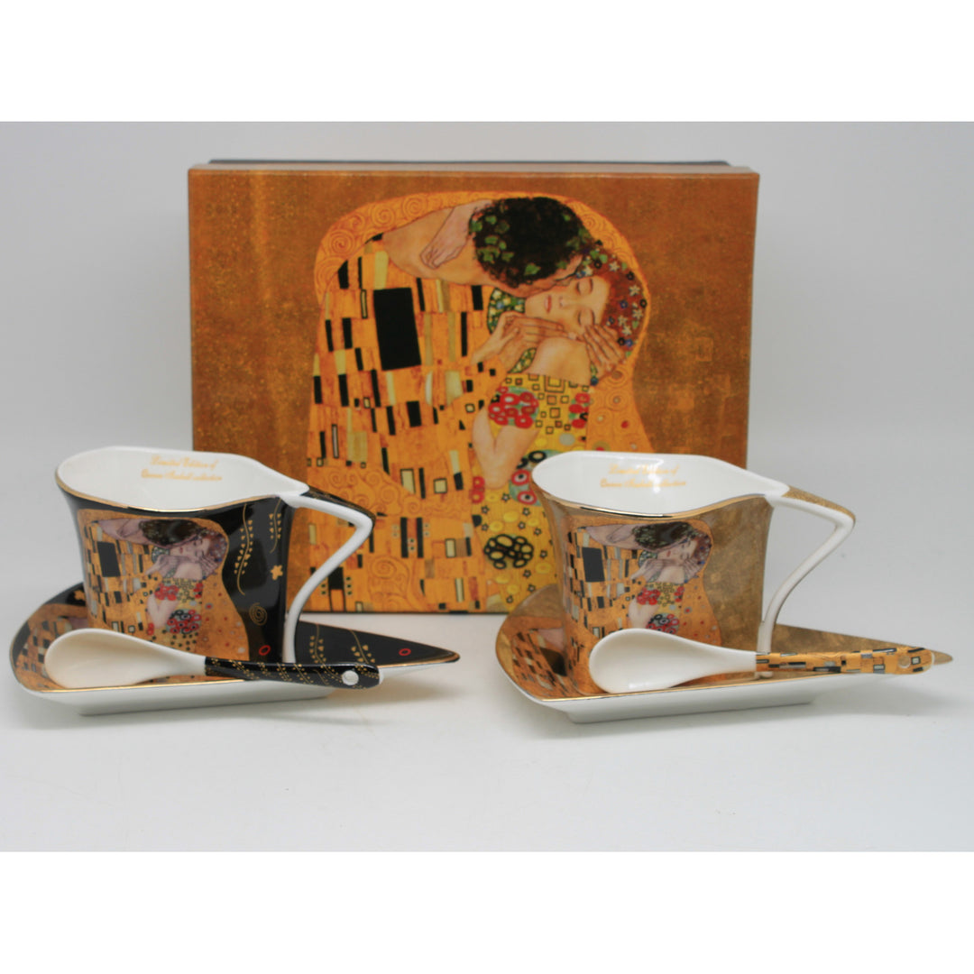 Porzellantassen „Klimt – Der Kuss“, 2 x 180 ml, mit Löffeln, Queen Isabell
