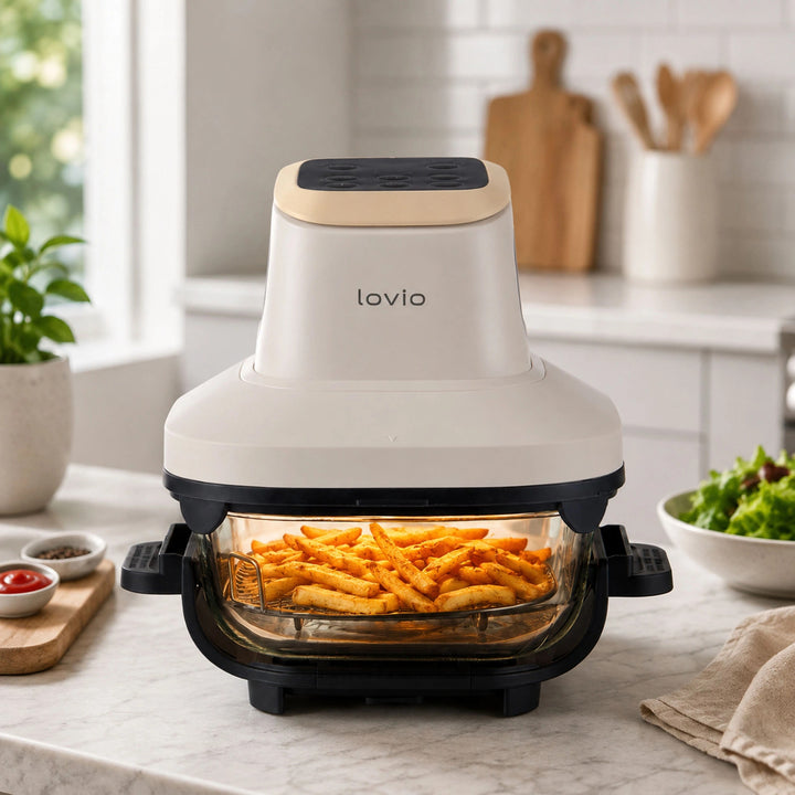 Fettfreie Heißluftfritteuse LOVIO PureFry Ultra Crisp LVAF003BE 4 l + 1,5 l, 1550 W, beige, mit Glasbehältern
