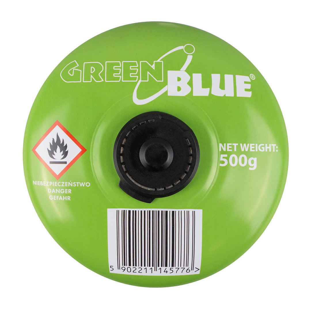 GreenBlue-Gaskartusche 500 g. Zertifikat: Pi 0437, gemäß EN 417, Butan-Propan, Temperaturbereich -10 °C bis +40 °C, Ventil 7/16", GB499, 48 Stück