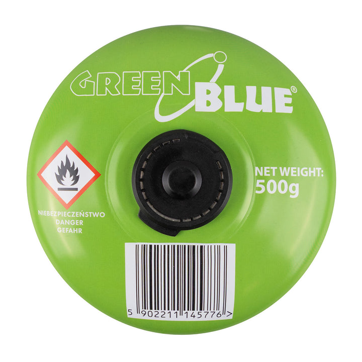 GreenBlue-Gaskartusche 500 g. Zertifikat: Pi 0437, gemäß EN 417, Butan-Propan, Temperaturbereich -10 °C bis +40 °C, Ventil 7/16", GB499, 48 Stück