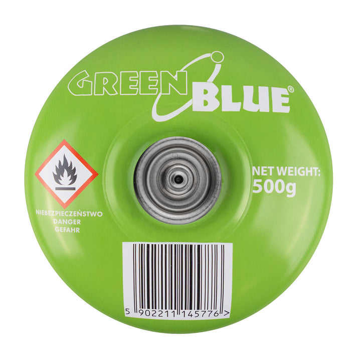 GreenBlue-Gaskartusche 500 g. Zertifikat: Pi 0437, gemäß EN 417, Butan-Propan, Temperaturbereich -10 °C bis +40 °C, Ventil 7/16", GB499, 48 Stück