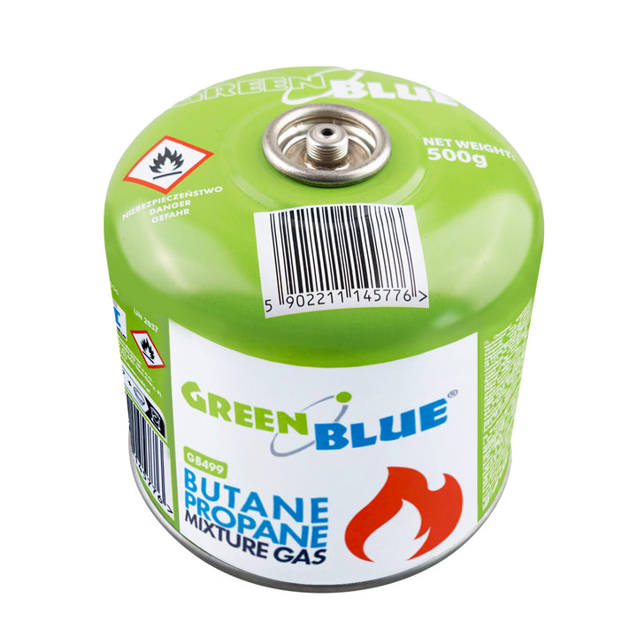 GreenBlue-Gaskartusche 500 g. Zertifikat: Pi 0437, gemäß EN 417, Butan-Propan, Temperaturbereich -10 °C bis +40 °C, Ventil 7/16", GB499, 48 Stück