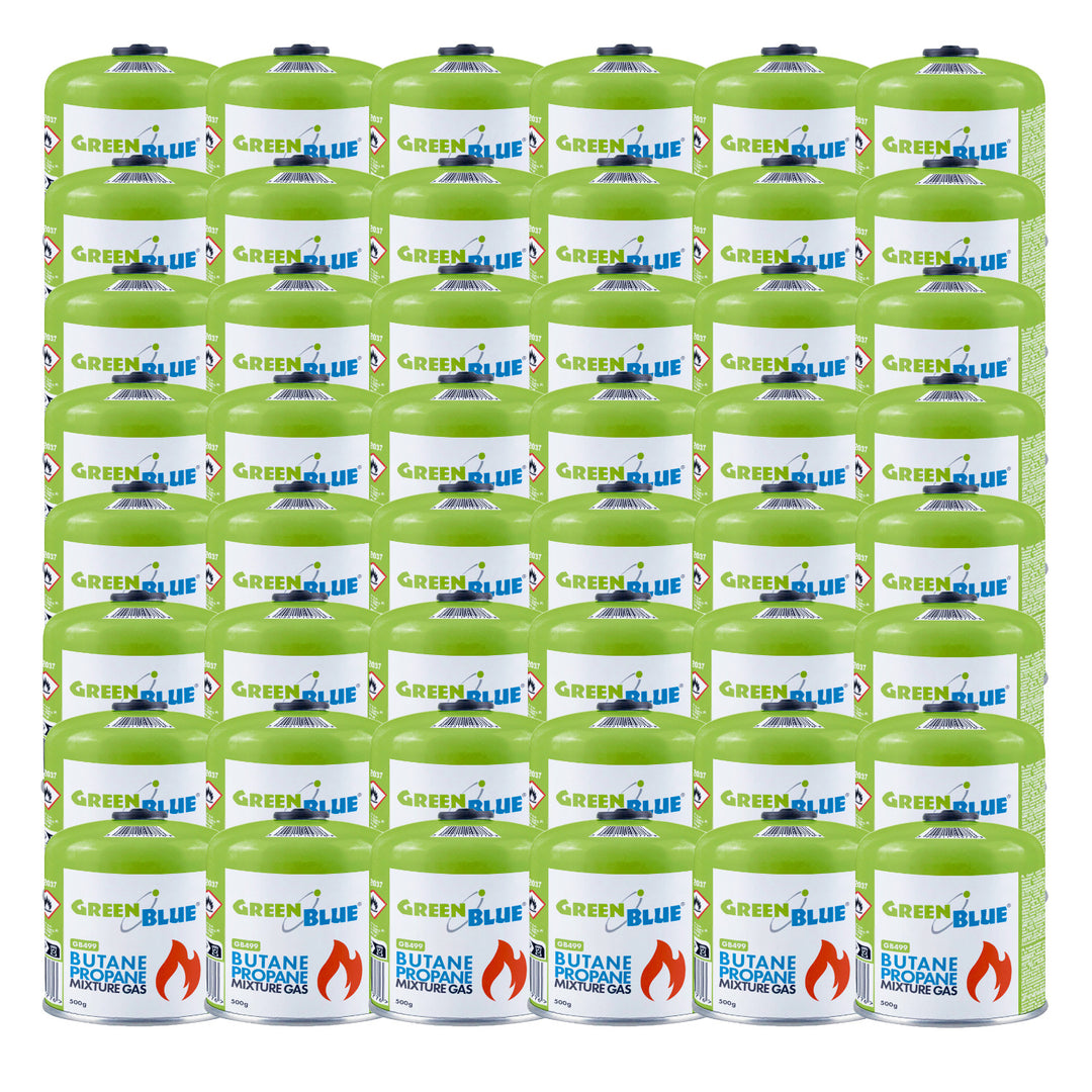 GreenBlue-Gaskartusche 500 g. Zertifikat: Pi 0437, gemäß EN 417, Butan-Propan, Temperaturbereich -10 °C bis +40 °C, Ventil 7/16", GB499, 48 Stück