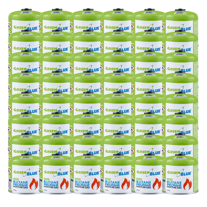 GreenBlue-Gaskartusche 500 g. Zertifikat: Pi 0437, gemäß EN 417, Butan-Propan, Temperaturbereich -10 °C bis +40 °C, Ventil 7/16", GB499, 48 Stück