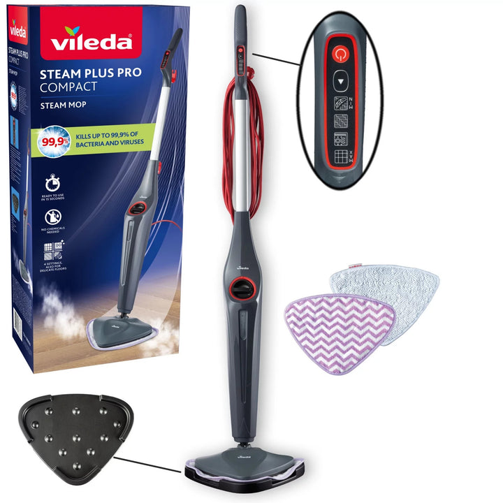 Vileda Steam Plus Pro Dampfmopp, tötet 99,9 % der Bakterien ab, heizt sich schnell auf, für alle Bodenarten geeignet, 180839