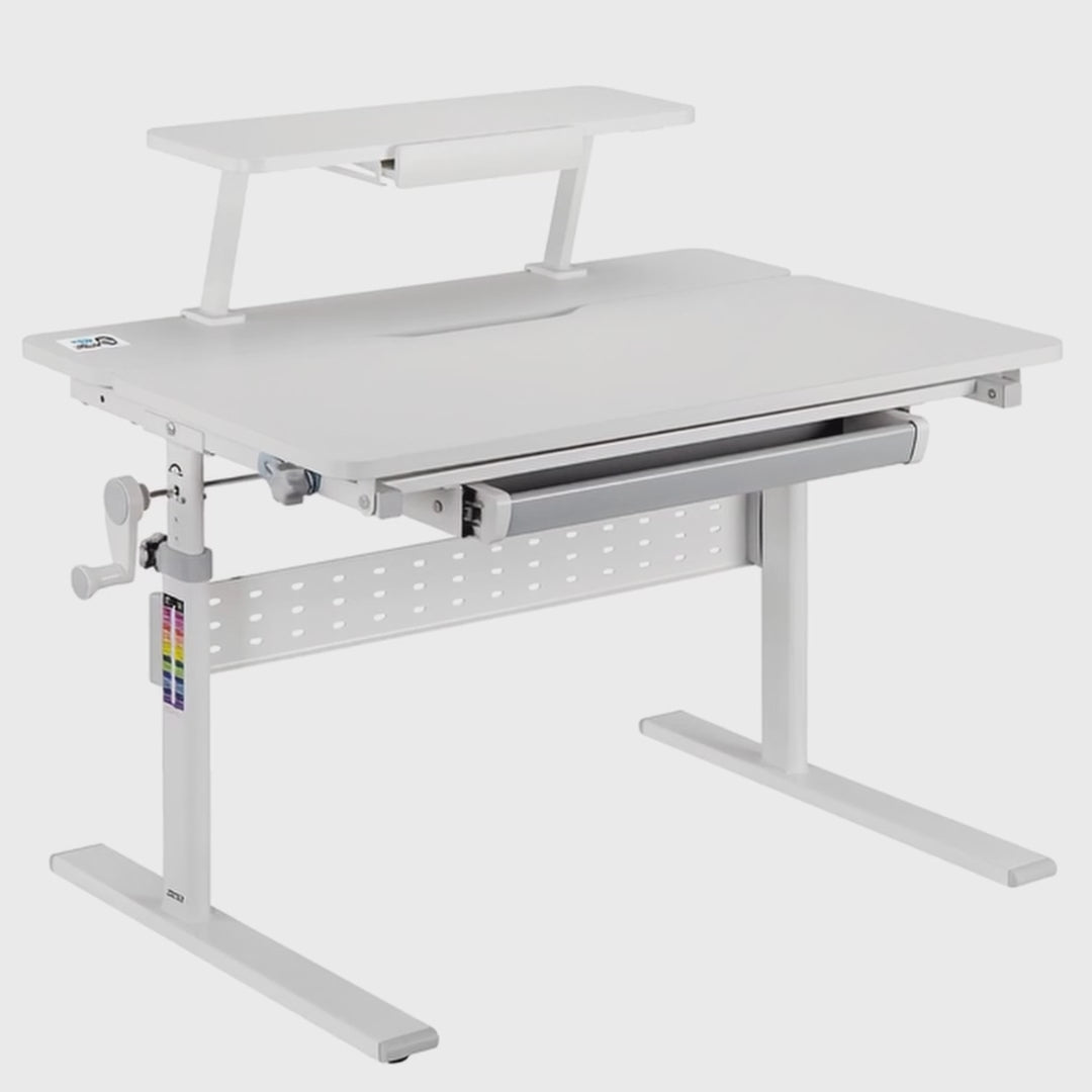 Ergonomischer Kinderschreibtisch mit Höhenverstellung und Neigungsverstellung bis zu 40 Grad, Zusätzliche Ablage mit Buchhalterung, Kinder-Schultisch bis 40kg Schublade Taschenhaken