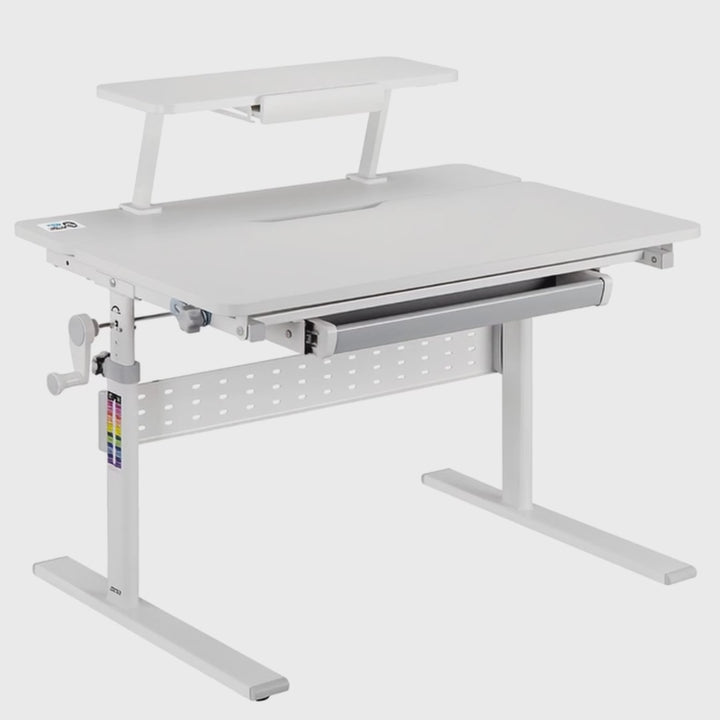 Ergonomischer Kinderschreibtisch mit Höhenverstellung und Neigungsverstellung bis zu 40 Grad, Zusätzliche Ablage mit Buchhalterung, Kinder-Schultisch bis 40kg Schublade Taschenhaken
