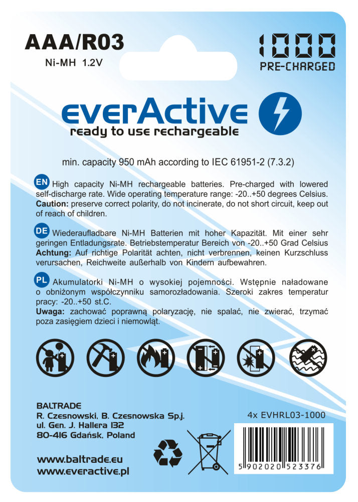 Wiederaufladbarer AAA Ni-MH-Akkus EverActive 1000 mAh-Akkus