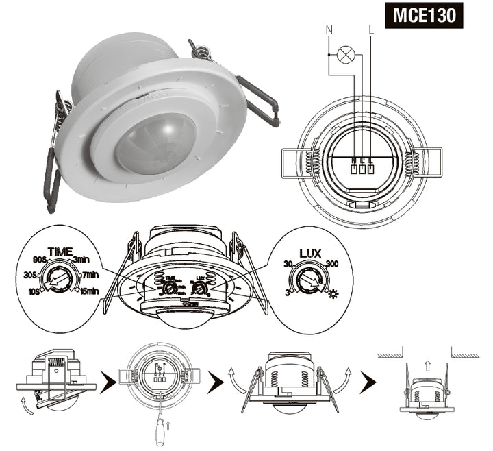 Maclean PIR-Bewegungsmelder, Infrarot, Unterputz, Reichweite 6m, 800W/400W, MCE130