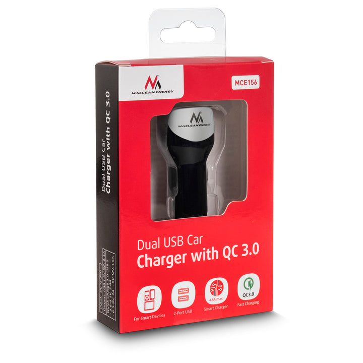 Autoladegerät max4.8A 2xUSB Maclean Energy MCE157 Qualcomm Quick Charge QC 3.0 plus Kabel 1.5m Silber
