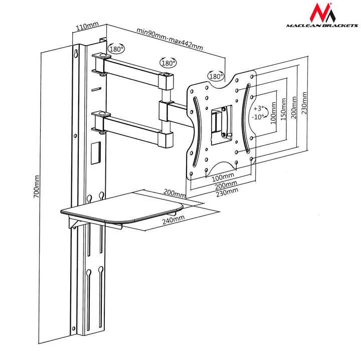 TV-Halterung mit DVD-Ablage Maclean, VESA 200x200, 23"-42", 30 kg, MC-771