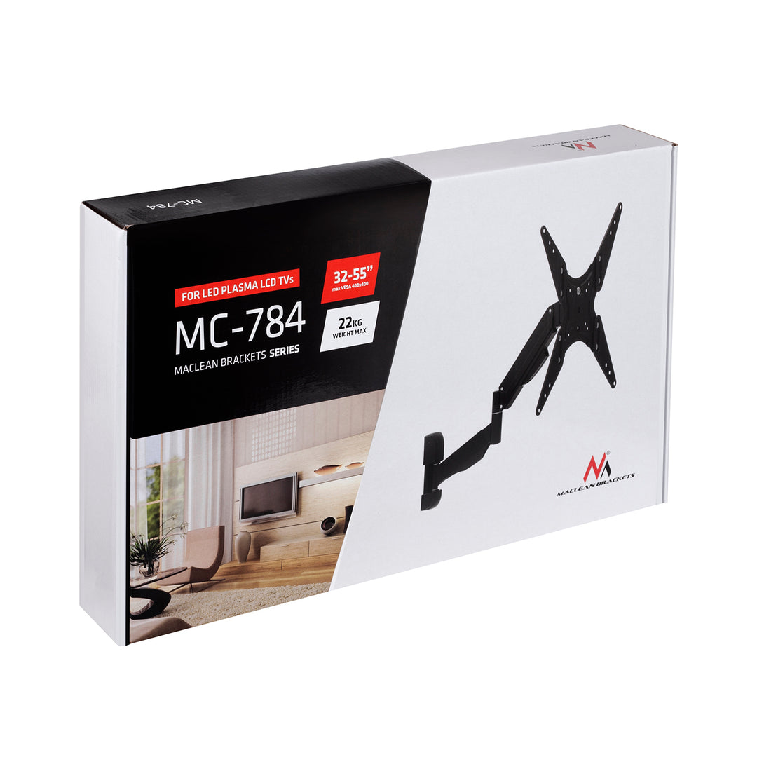 Maclean TV-Halterung, für TV oder Monitor, Gasfeder, 2 Arme, Höhenverstellung 25cm, 32"-55", 22kg, Schwarz, MC-784