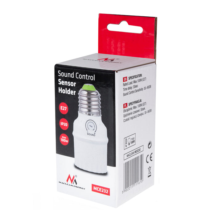 Glühbirnenfassung mit Geräuschsensor Maclean, E27 mit Geräuschsensor, max. 100 W, Bereich 30 dB – 90 dB, MCE232