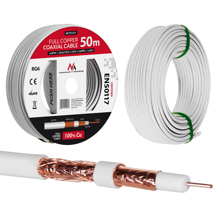 Antennenkabel Koaxialkabel RG6 Reines Kupfer 100% Cu Koax Antennen Kabel SAT Satellitenkabel TV (50m)