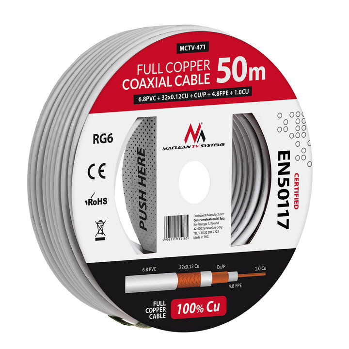 Antennenkabel Koaxialkabel RG6 Reines Kupfer 100% Cu Koax Antennen Kabel SAT Satellitenkabel TV (50m)