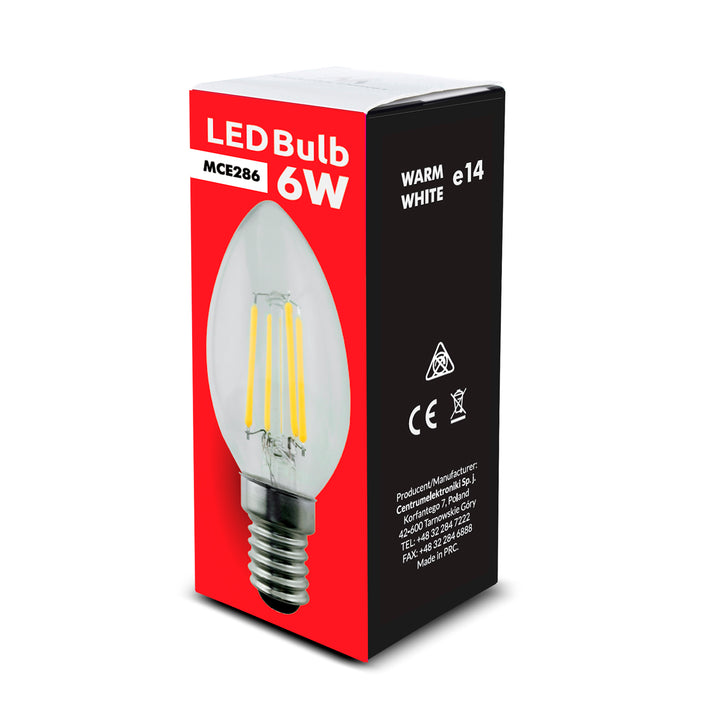 Retro Edison Filament Glühbirne LED Vintage Dekorative Glühlampe Beleuchtung Birne Warmweiß C37 (E14 6W Kerze 806lm)
