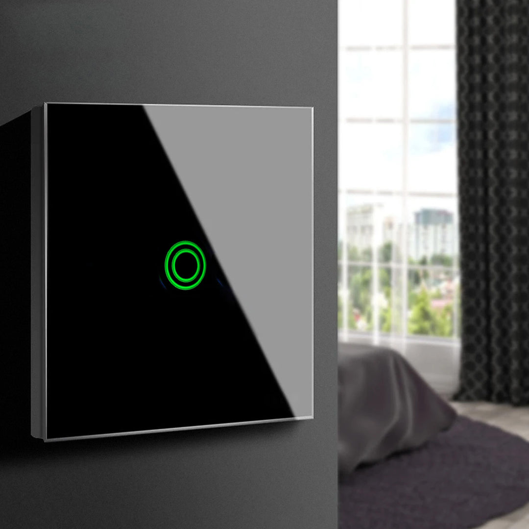 Touch-Lichtschalter, einzeln, Glas, schwarz mit rundem Knopf Maclean Energy MCE702B, Abmessungen 86 x 86 mm, mit Knopfbeleuchtung