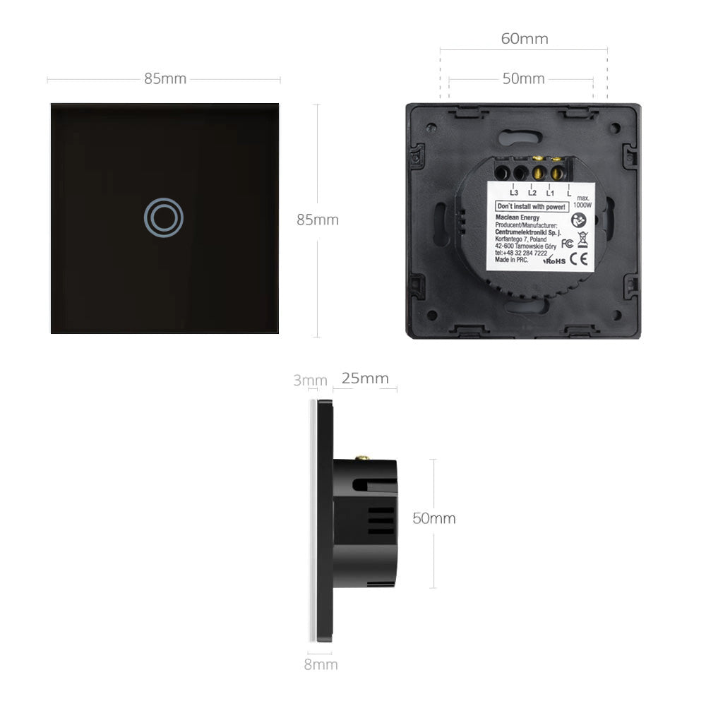 Touch-Lichtschalter, einzeln, Glas, schwarz mit rundem Knopf Maclean Energy MCE702B, Abmessungen 86 x 86 mm, mit Knopfbeleuchtung