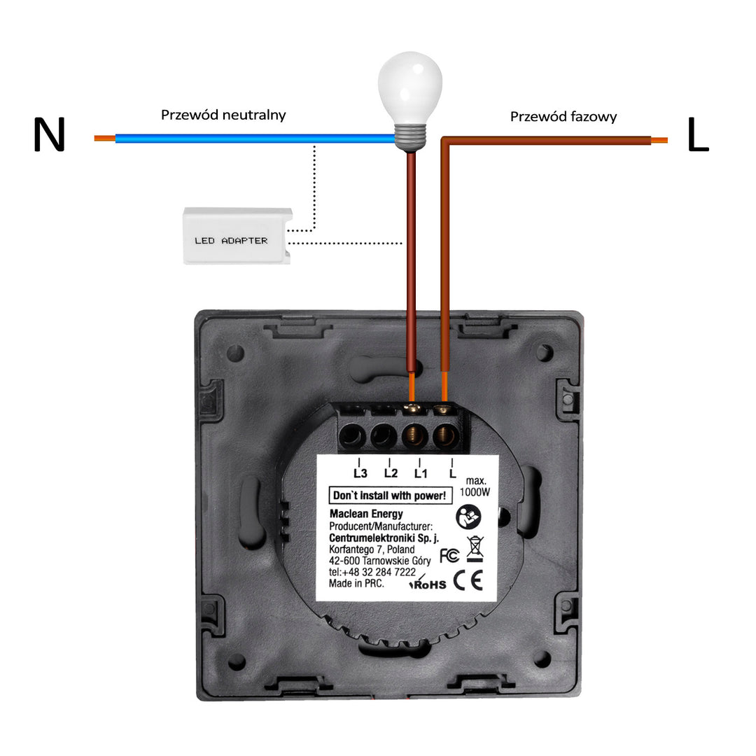 Touch-Lichtschalter, einzeln, Glas, schwarz mit rundem Knopf Maclean Energy MCE702B, Abmessungen 86 x 86 mm, mit Knopfbeleuchtung