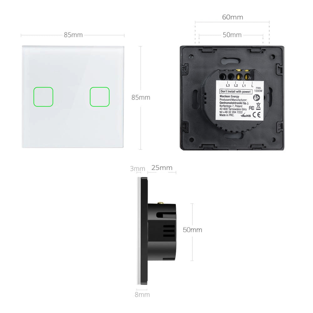 Touch-Lichtschalter, doppelt, Glas, weiß mit quadratischem Knopf Maclean Energy MCE703W, Abmessungen 86 x 86 mm, mit Knopfbeleuchtung