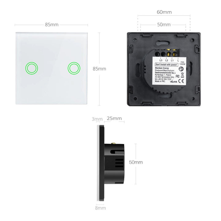 Touch-Lichtschalter, doppelt, Glas, weiß mit rundem Knopf Maclean Energy MCE704W, Abmessungen 86 x 86 mm, mit Knopfbeleuchtung