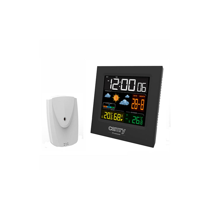 Digitale Wetterstation mit Außensensor, für Innen und Außen, Thermometer - Hygrometer, Farbdisplay, Wettervorhersage, für Raum, Büro, Uhr, 2 Wecker, schwarz