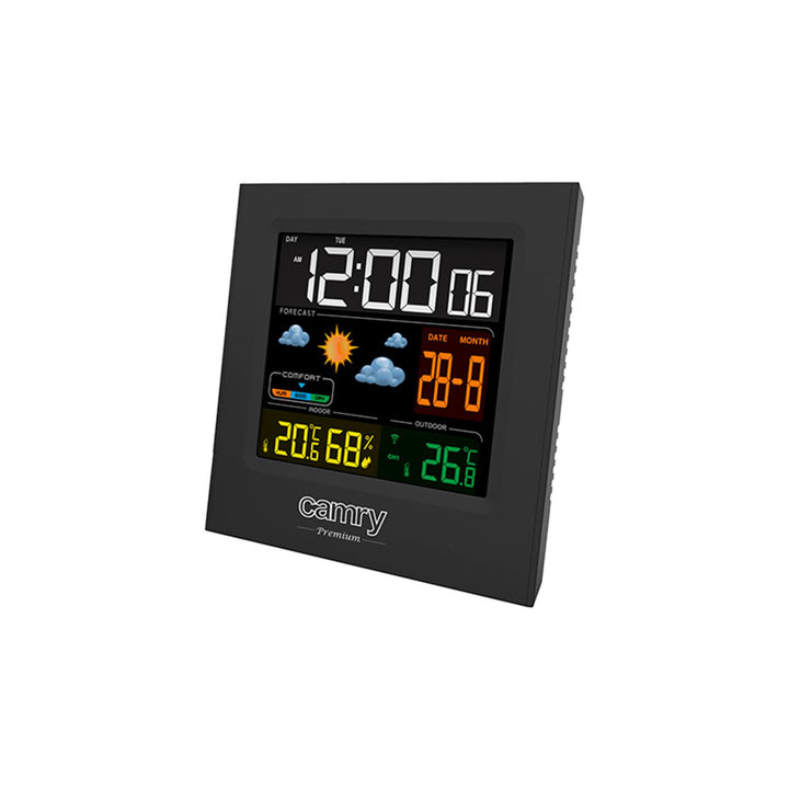 Digitale Wetterstation mit Außensensor, für Innen und Außen, Thermometer - Hygrometer, Farbdisplay, Wettervorhersage, für Raum, Büro, Uhr, 2 Wecker, schwarz