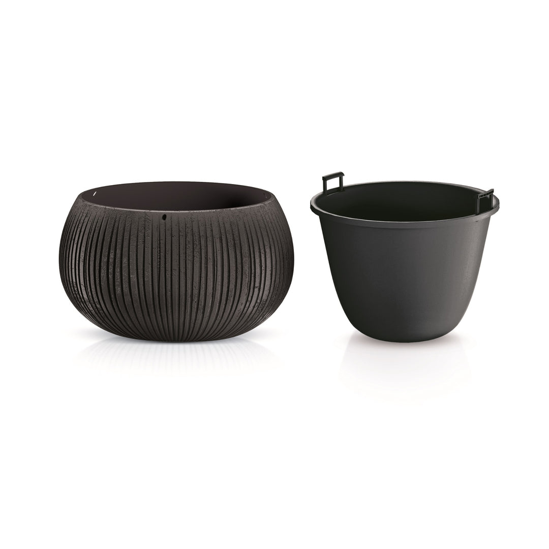 Beton Bowl Blumentopf Pflanzkübel Beton-Design 2 in 1 inkl. Pflanztopf Kunststoff Rund (370mm, Schwarzer Beton)