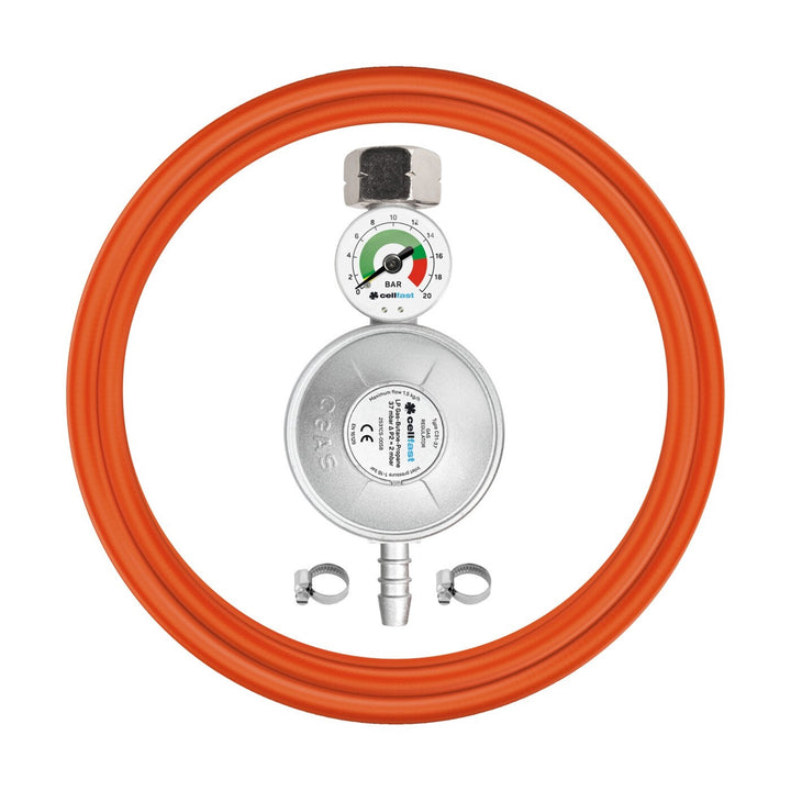 Propan-Butan Anschlussset mit Manometer 2m Schlauch Komplettset für Gaskocher, Kochfelder, Öfen, Grills und andere Gasgeräte 37 mbar