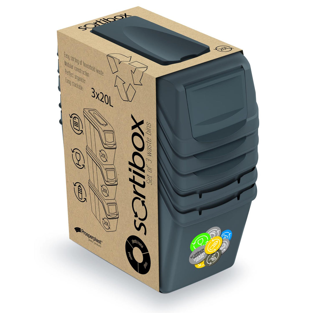 Sortibox Sortier Mülleimer zum Mülltrennung Set 3x20L grau