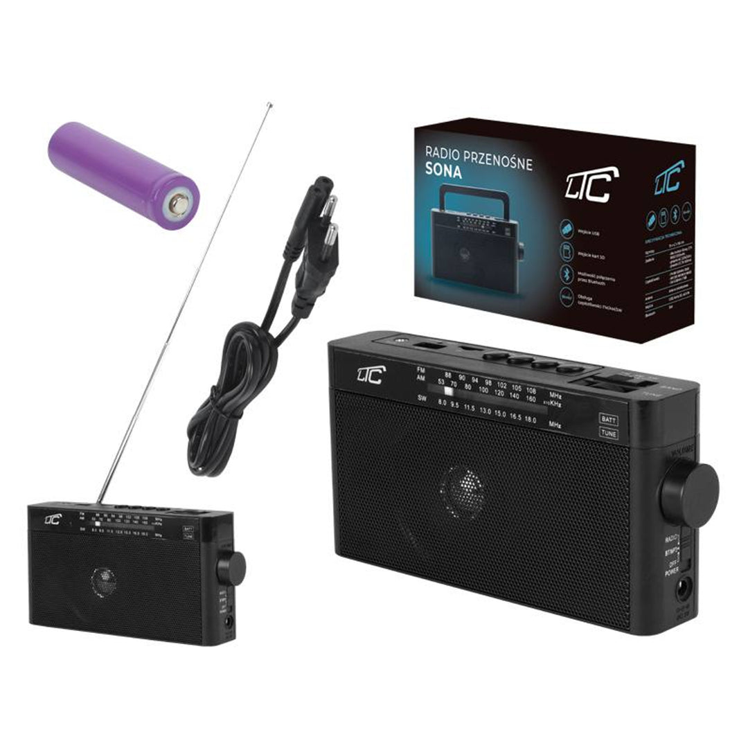 Sona Tragbares Retro-Radio mit Bluetooth/AM/FM / MP3 / USB/SD 1200mAh Akku Teleskopantenne (Schwarz)