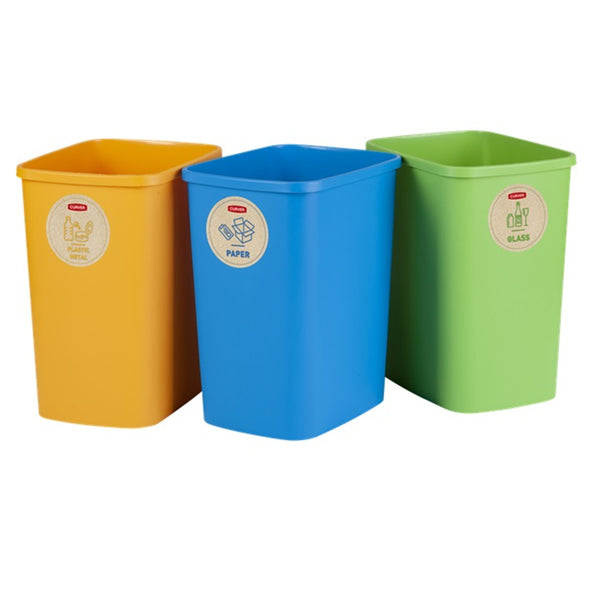 Curver Eco Friendly 3er-Set Mülltrennungssystem Mülleimer Mülltrennung Papier Glas und Kunststoff Recycling-Eimer aus Kunstoff (3x9L)