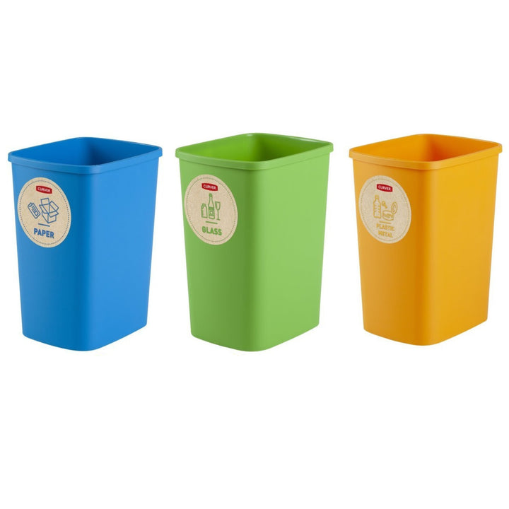 Curver Eco Friendly 3er-Set Mülltrennungssystem Mülleimer Mülltrennung Papier Glas und Kunststoff Recycling-Eimer aus Kunstoff (3x25L)