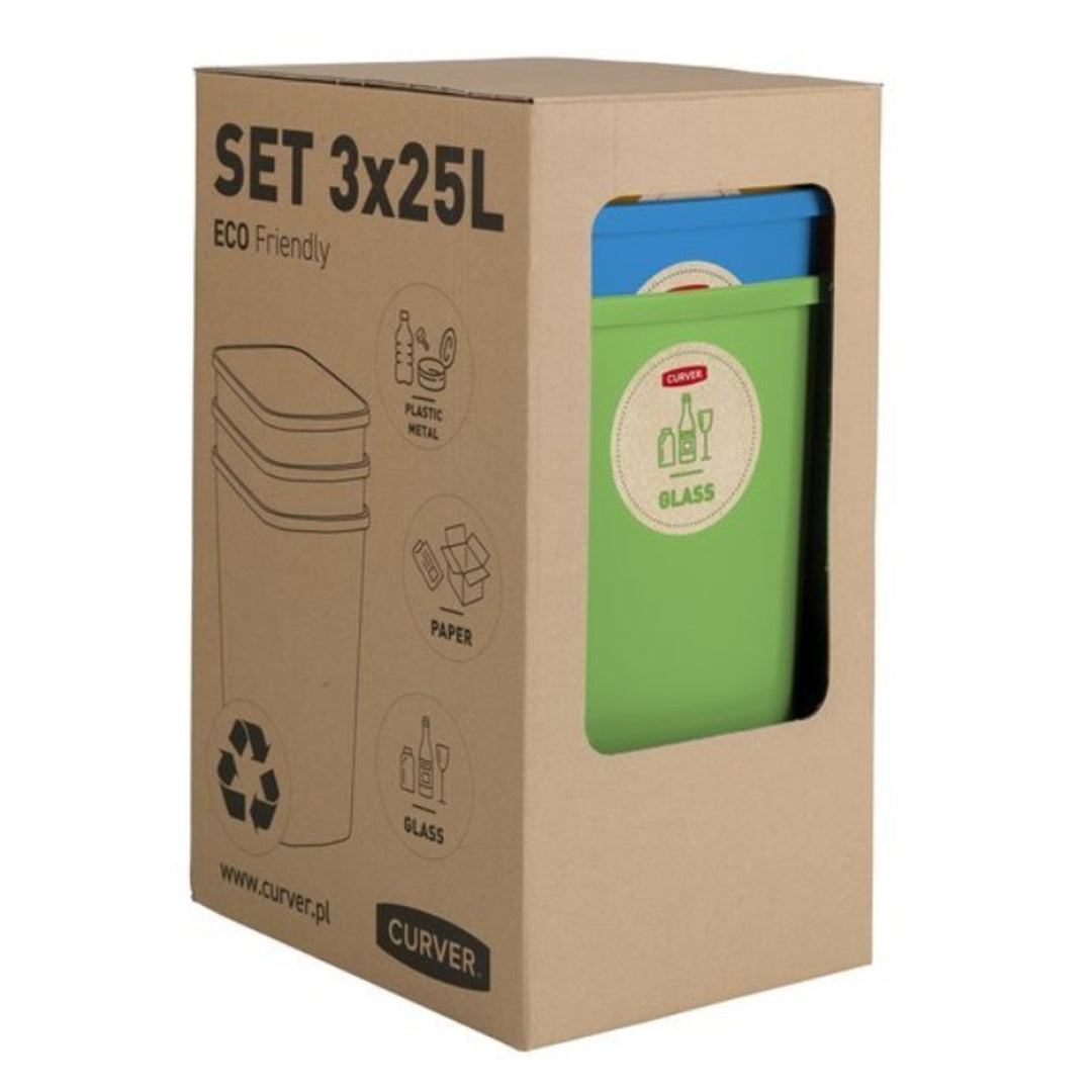 Curver Eco Friendly 3er-Set Mülltrennungssystem Mülleimer Mülltrennung Papier Glas und Kunststoff Recycling-Eimer aus Kunstoff (3x25L)