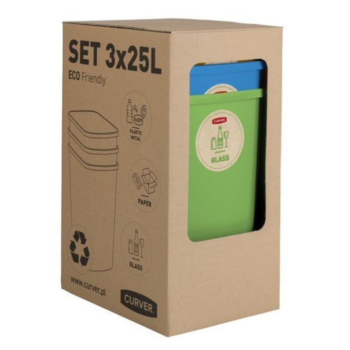 Curver Eco Friendly 3er-Set Mülltrennungssystem Mülleimer Mülltrennung Papier Glas und Kunststoff Recycling-Eimer aus Kunstoff (3x25L)