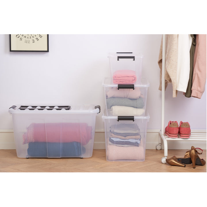 Home Box Aufbewahrungsbehälter mit Deckel Klickverschluss Aufbewahrungsbehälter Box Stapelbar 40L (Transparent - Grau)