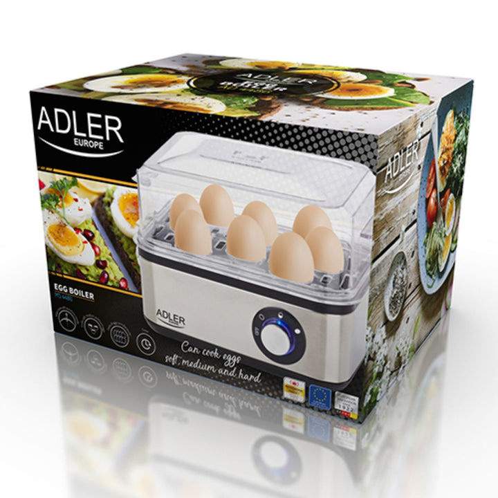 Adler Elektrischer Eierkocher | 1-8 Eier | Elektronische Härtegradeinstellung | Edelstahlheizplatte | Inklusive Messbecher mit Eierpiker | 500 Watt