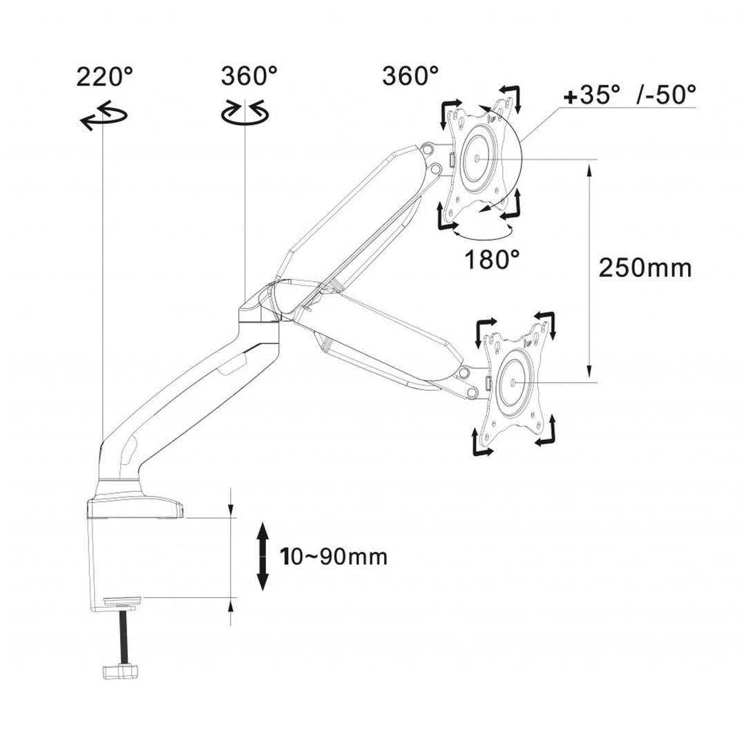 ART RAMM L-17GD 1-Fach Monitorhalterung 10-32" bis 9kg VESA 75x75 100x100 Full Motion Schreibtischhalterung Tischhalterung 2x USB 3.0