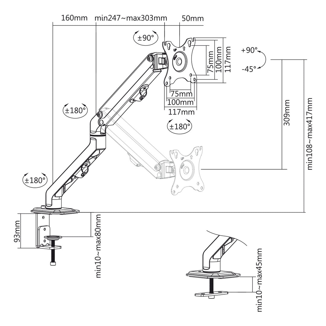 Universal-Tischhalterung für Monitor Maclean, mechanische Feder 17"-27" 7kg, VESA 75x75,100x100, MC-906