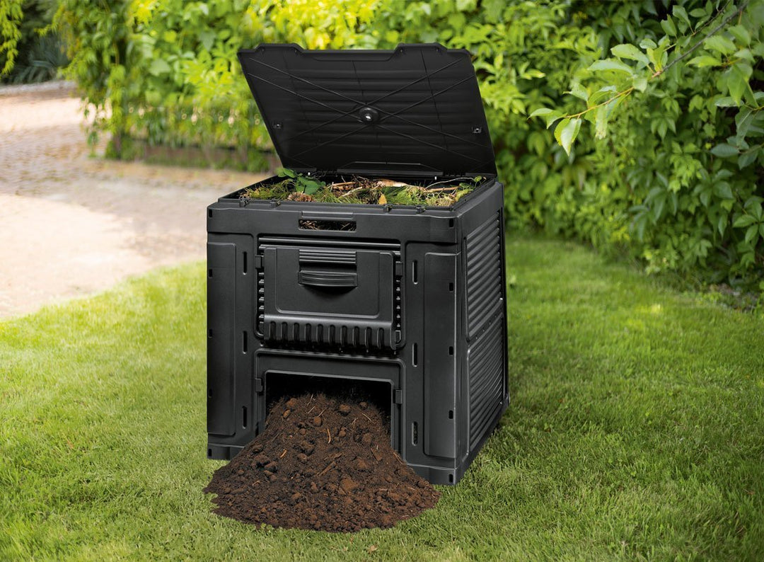 E-Composter Gartenkomposter aus Kunststoff 470L Schnellkomposter Deckel Klappbar 79 x 79 x 79cm Schwarz