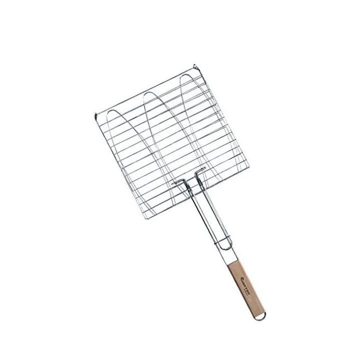 3er Fischbräter 28x28cm Fischgriller Fischzange Grillkorb Grillwender Fischhalter Grillaufsatz mit Holzgriff Stahl verchromt